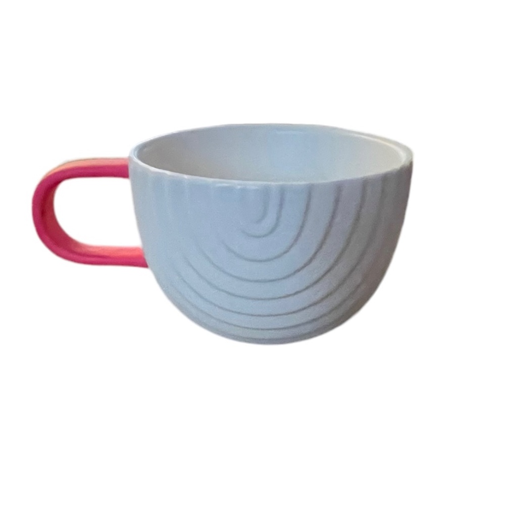 2018 Starbucks Ceramic Coffee Mug White with Pink Handle 12 oz Art Deco